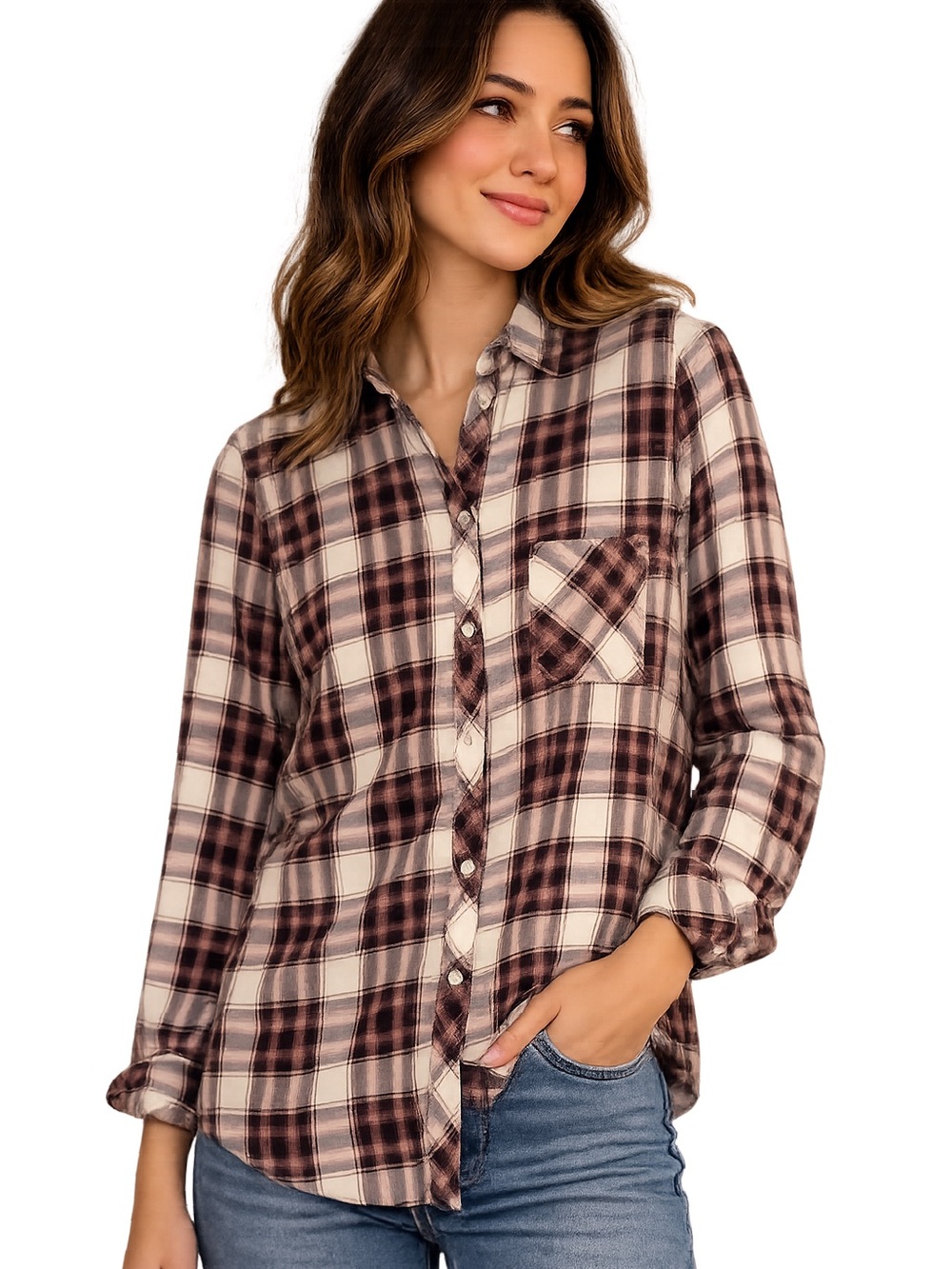 Rails Hunter Button Front Plaid Shirt Ivory Charcoal Blush Rayon Size Small